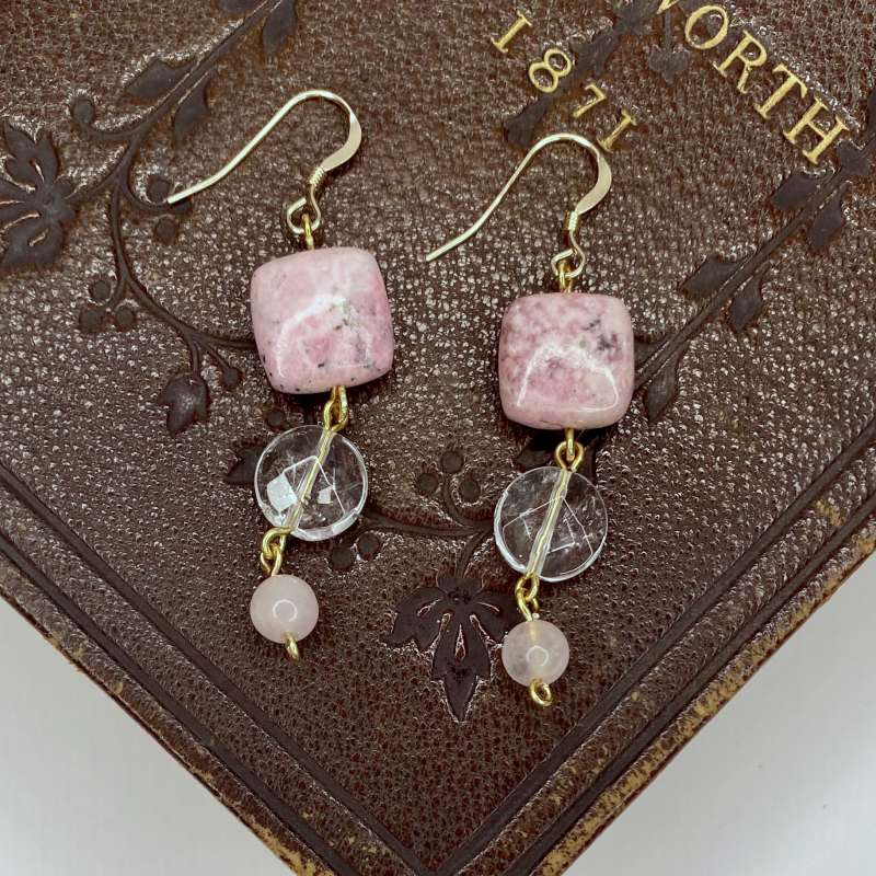 Pink Peruvian Rhodonite,Pink and Clear Quartz Drop Earrings