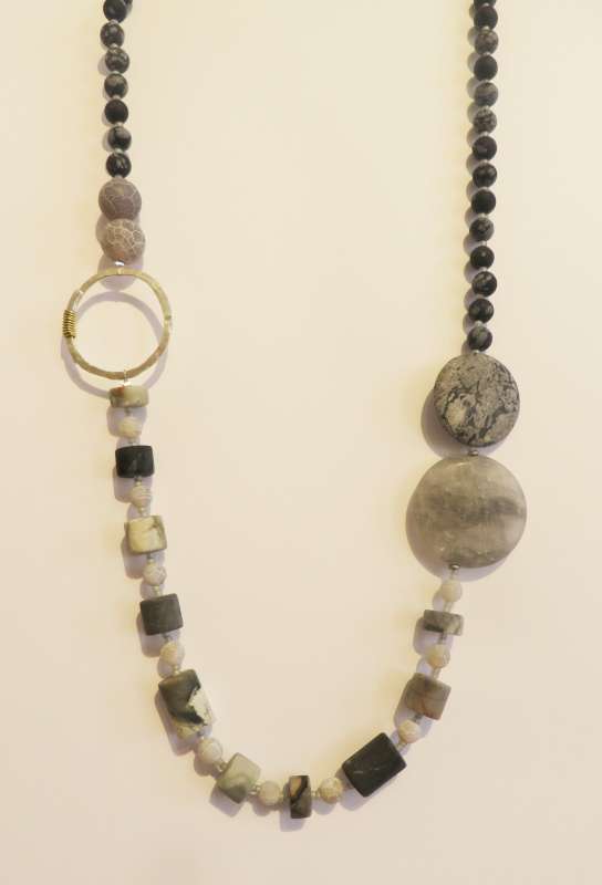 Grey agate, Picasso jasper, snowflake obsidian long necklace