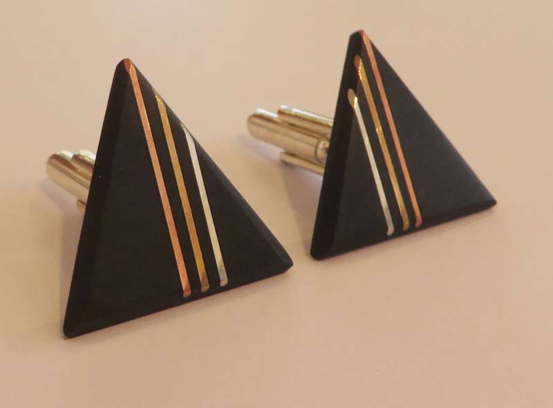 Black slate triple copper, silver and brass line triangle cufflinks