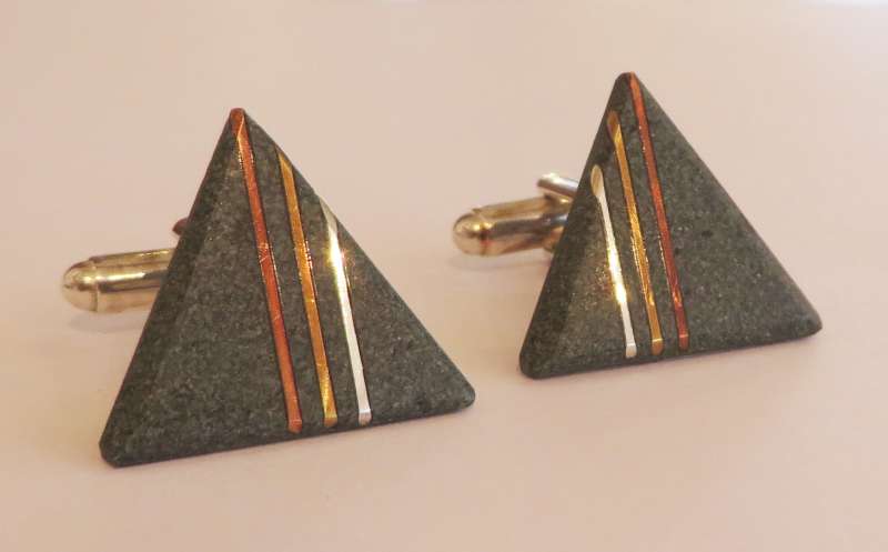 Green slate triple copper, silver and brass line triangle cufflinks